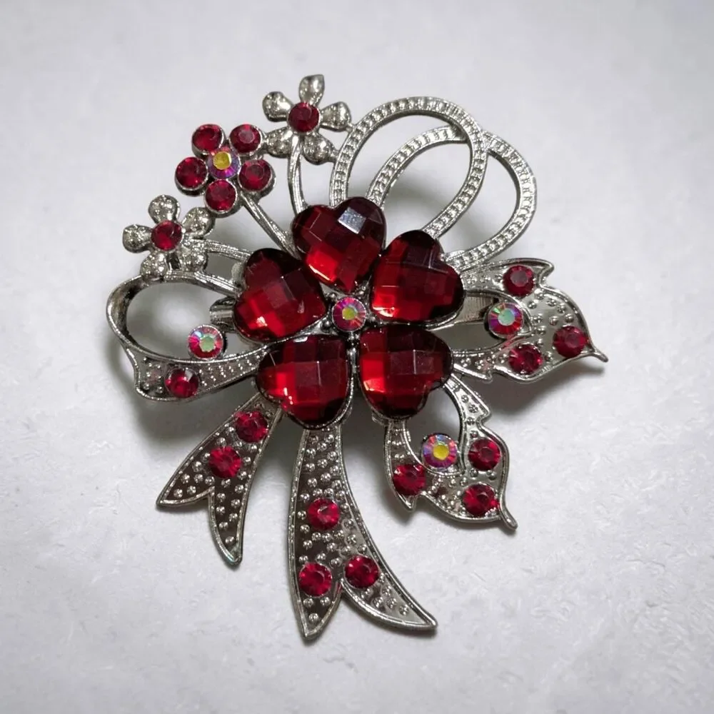 Set of 2 Rhinestone Flower Bouquet Brooches, Red Pink, Silver Tone Statement Pin